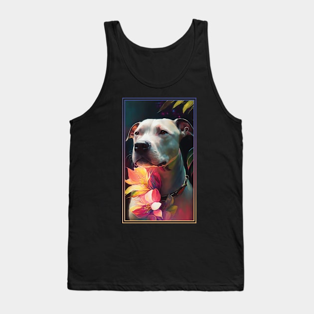 American Staffordshire Terrier Pitbull Vibrant Tropical Flower Tall Digital Oil Painting Portrait  7 Tank Top by ArtHouseFlunky